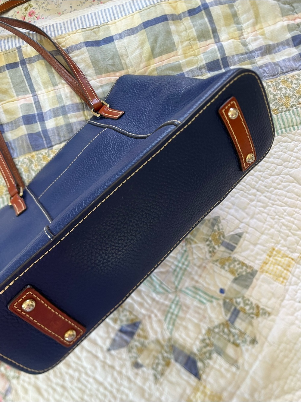Dooney & Bourke Navy Leather Shoulder Tote with Brown Straps - Picture 3 of 5